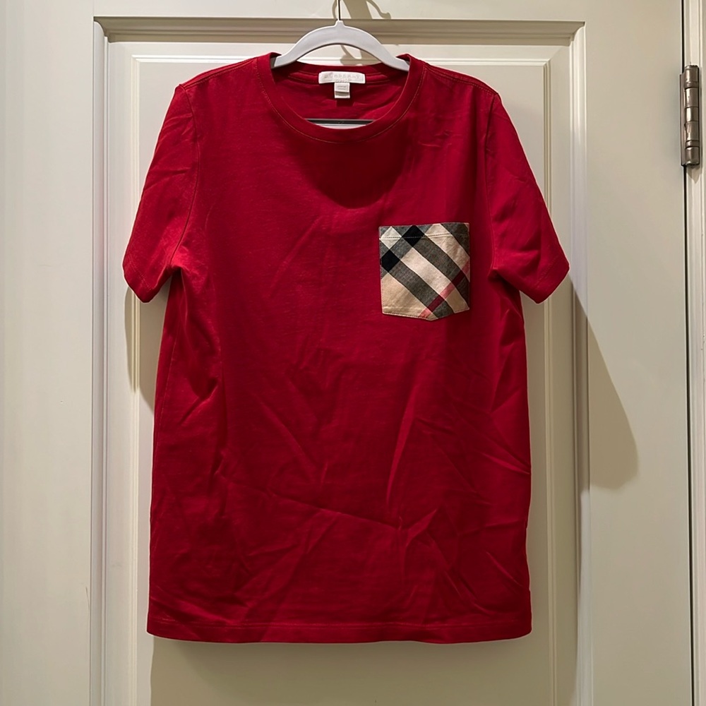 Burberry Tshirt red with check pocket , children 14Y , could be a women’s small